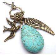 Antiqued Brass Wing Bird Flower Green Turquoise Necklace