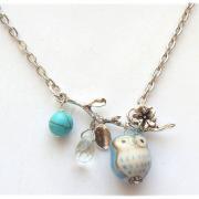 Silver Leaf Turquoise Quartz Porcelain Owl Necklace