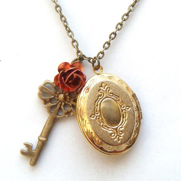 Antiqued Brass Flower Key Locket Necklace on Luulla