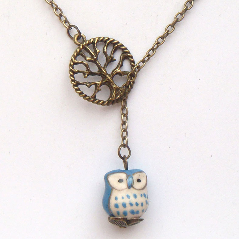 Antiqued Brass Tree Porcelain Owl Lariat Necklace