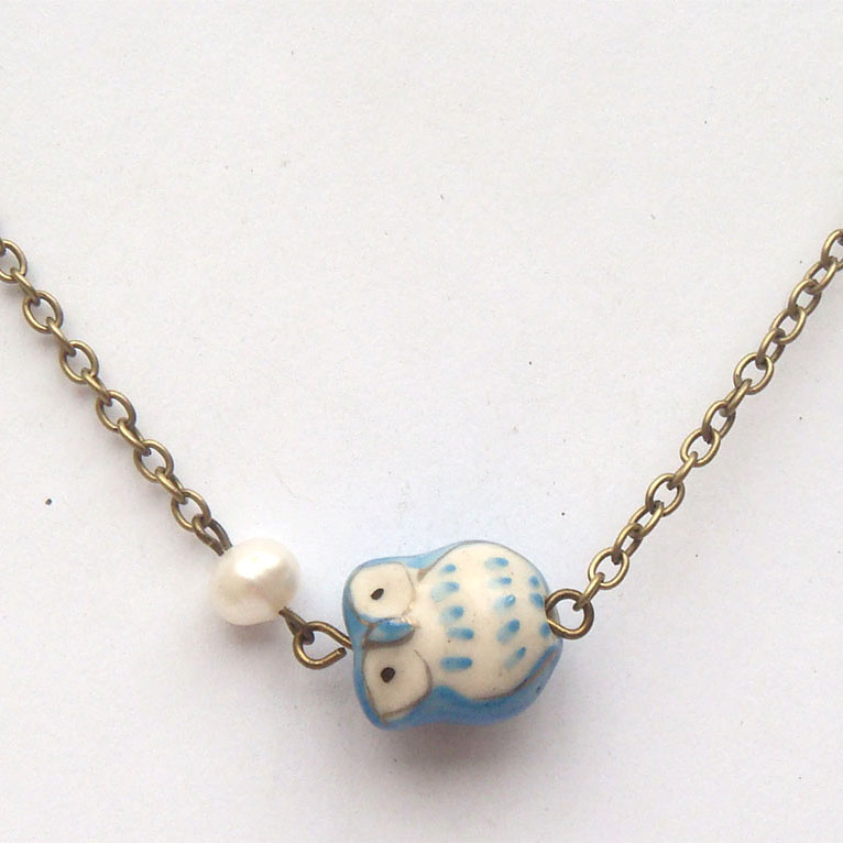 Antiqued Brass Natural Pearl Porcelain Owl Necklace