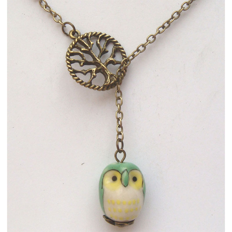 Antiqued Brass Tree Green Porcelain Owl Lariat Necklace