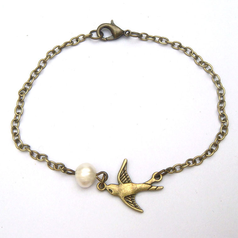 Antiqued Brass Bird Natural Pearl Bracelet