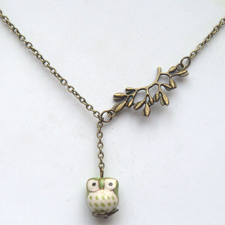 Antiqued Brass Leaf Yellow Green Porcelain Owl Necklace
