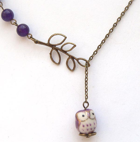 Antiqued Brass Leaf Purple Jade Porcelain Owl Necklace