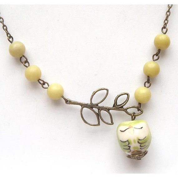 Antiqued Brass Leaf Lemon Jade Porcelain Owl Necklace