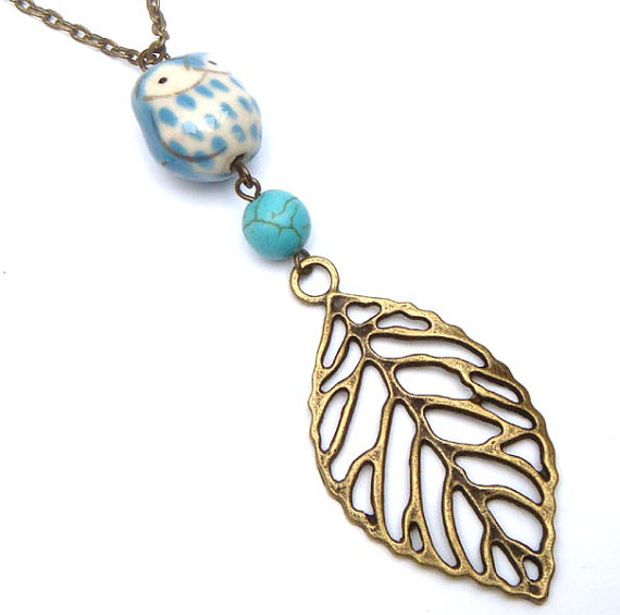 Antiqued Brass Leaf Turquoise Porcelain Owl Necklace