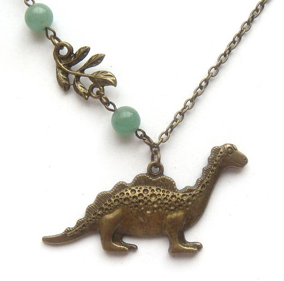 Antiqued Brass Leaf Dinosaur Jade Necklace