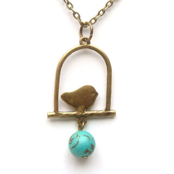 Antiqued Brass Bird Green Turquoise Necklace