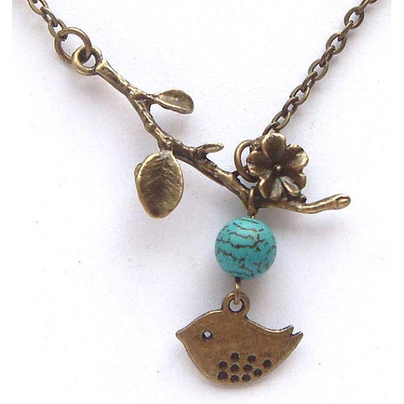 Antiqued Brass Bird Branch Turquoise Necklace