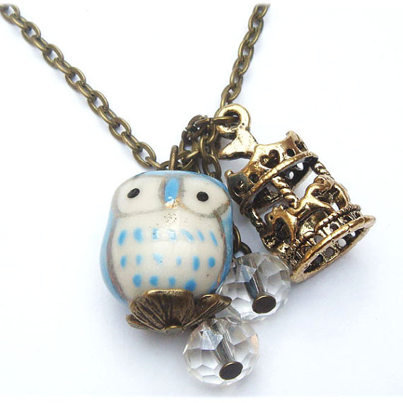 Antiqued Brass Carrousel Clear Quartz Porcelain Owl Necklace
