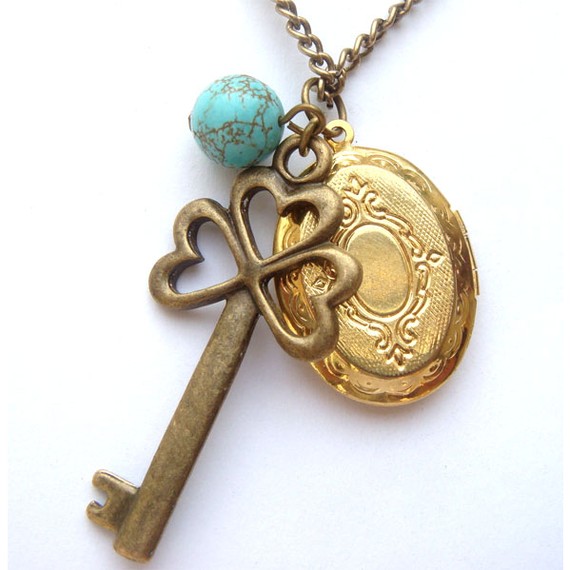Antiqued Brass Oval Locket Key Green Turquoise Necklace