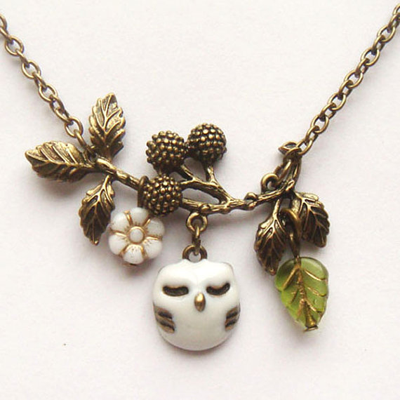 Antiqued Brass Branch White Czech Glass Flower Owl Necklace
