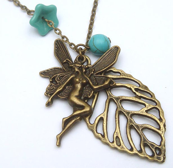 Antiqued Brass Leaf Angel Turquoise Czech Glass Flower Necklace