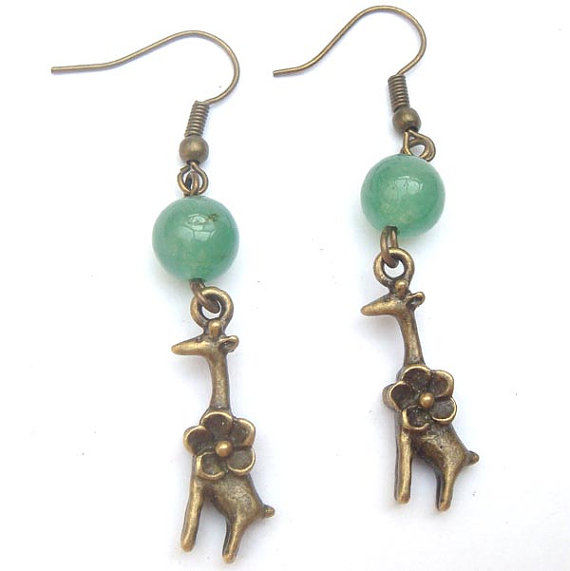 Antiqued Brass Giraffe Green Jade Earrings