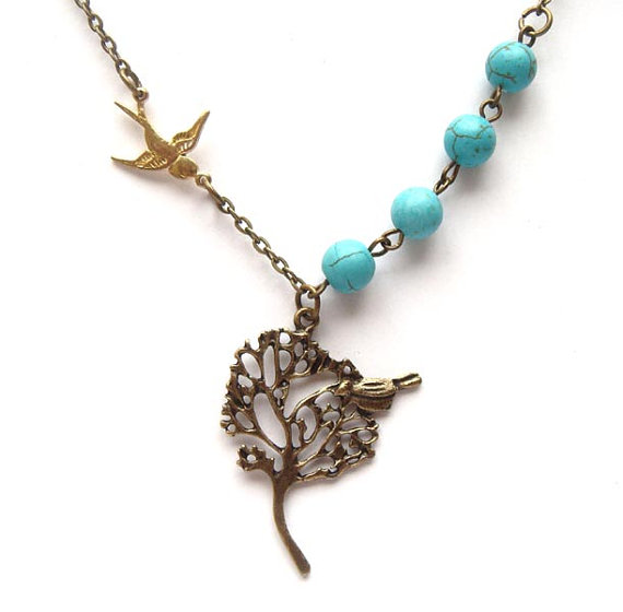 Antiqued Brass Tree Bird Green Turquoise Necklace