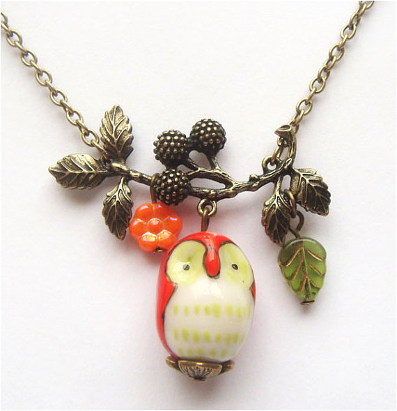 Antiqued Brass Branch Flower Porcelain Owl Necklace