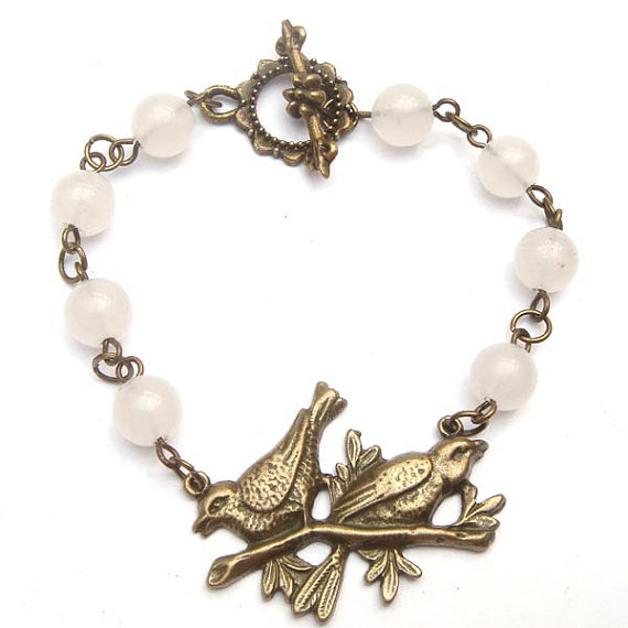 Antiqued Brass Bird White Jade Bracelet
