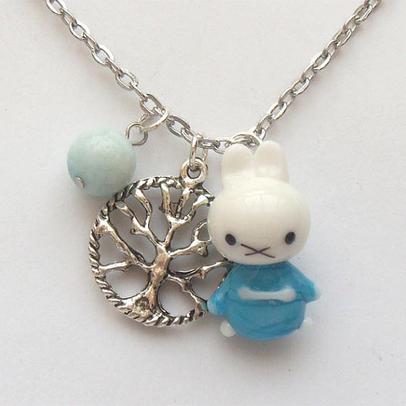 Silver Plated Brass Tree Coral Lampwork Rabbit Necklace