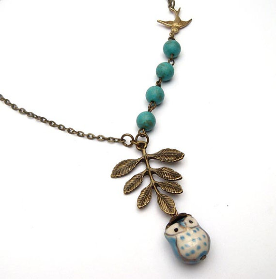 Antiqued Brass Leaf Bird Turquoise Porcelain Owl Necklace