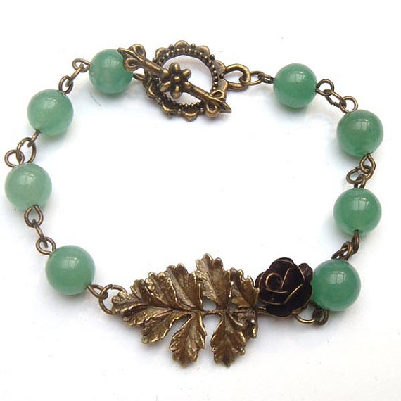 Antiqued Brass Leaf Flower Jade Bracelet