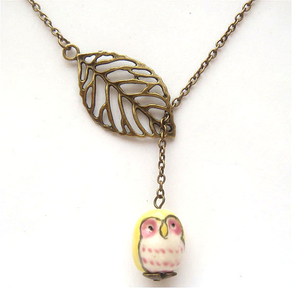 Antiqued Brass Leaf Yellow Owl Necklace