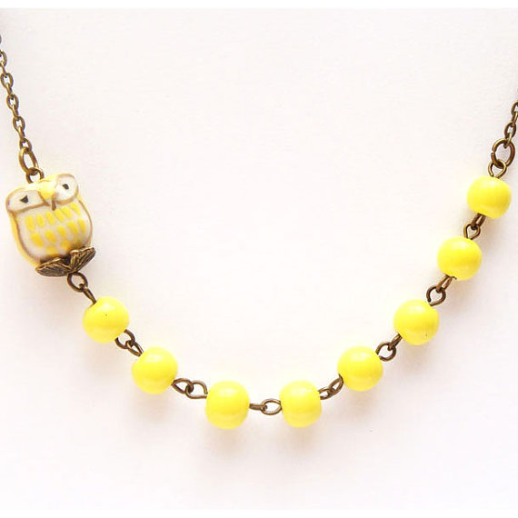 Antiqued Brass Yellow Porcelain Round Bead Owl Necklace