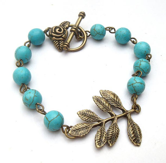Antiqued Brass Leaf Turquoise Bracelet