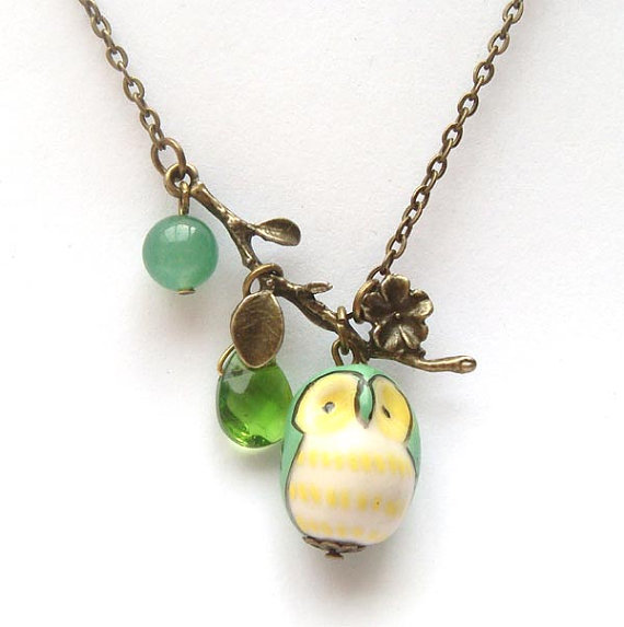 Antiqued Brass Leaf Green Quartz Jade Porcelain Owl Necklace