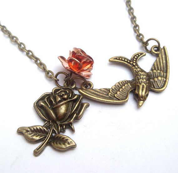 Antiqued Brass Swallow Flower Necklace