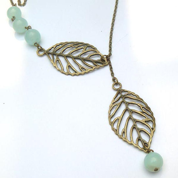 Antiqued Brass Leaf Blue Jade Necklace