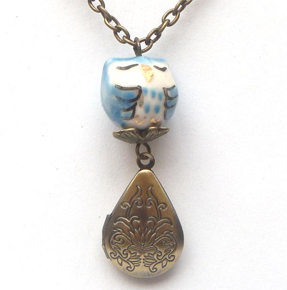 Antiqued Brass Teardrop Locket Porcelain Owl Necklace