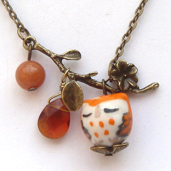 Antiqued Brass Leaf Honey Jade Quartz Porcelain Owl Necklace