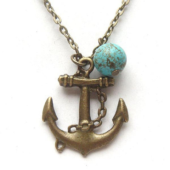 Antiqued Brass Anchor Green Turquoise Necklace on Luulla