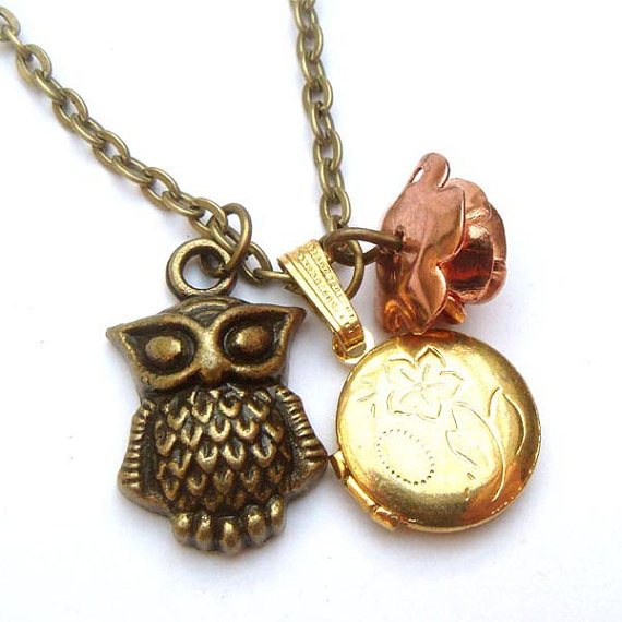 Antiqued Brass Owl Locket Flower Necklace