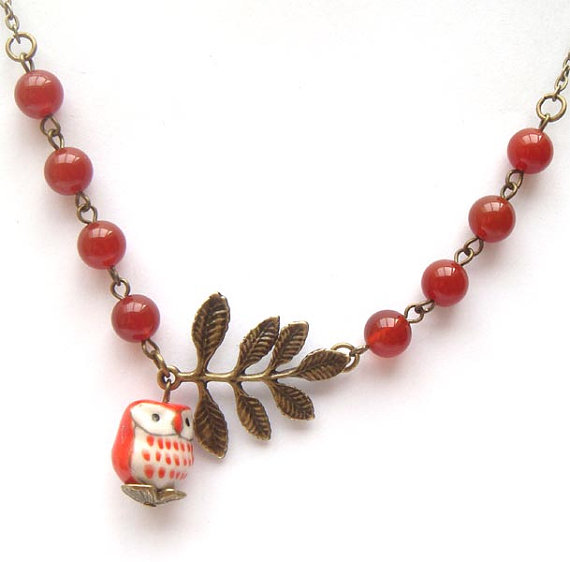 Antiqued Brass Leaf Red Jade Porcelain Owl Necklace