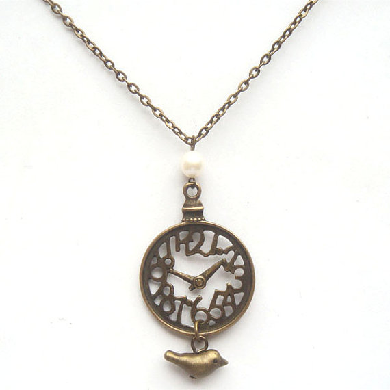 Antiqued Brass Clock Bird Pearl Necklace