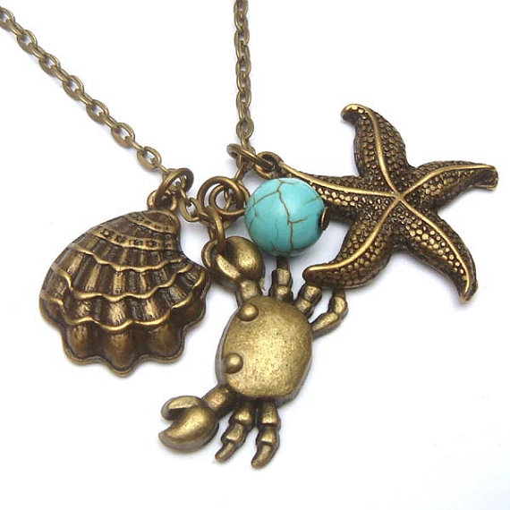 Antiqued Brass Starfish Shell Crab Turquoise Necklace