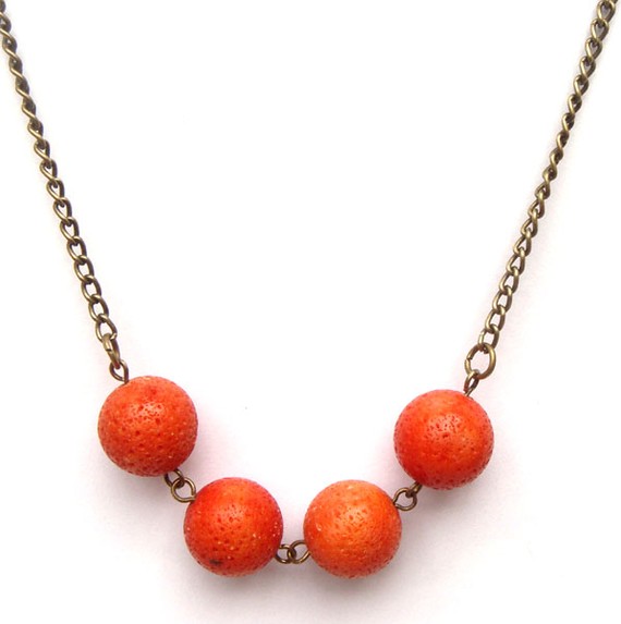 Antiqued Brass Orange Coral Round Bead Necklace