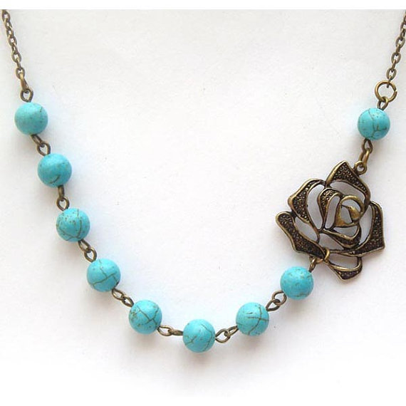 Antiqued Brass Flower Green Turquoise Necklace
