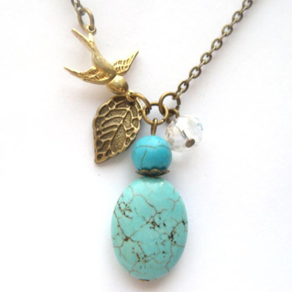 Antiqued Brass Leaf Bird Quartz Green Turquoise Necklace