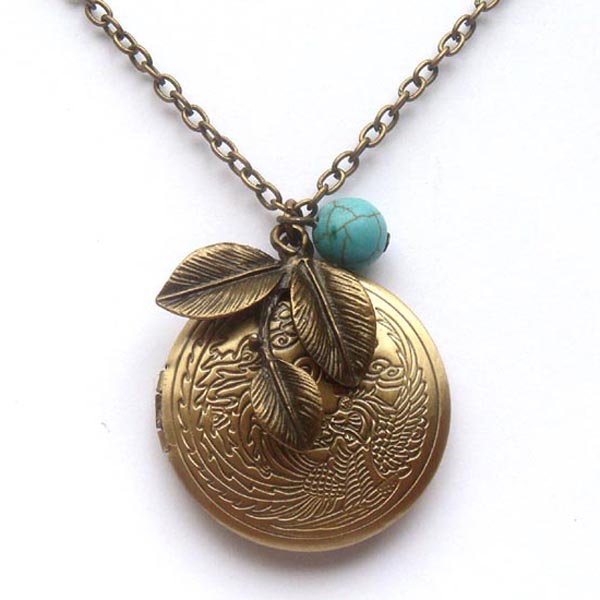 Antiqued Brass Leaf Green Turquoise Locket Necklace