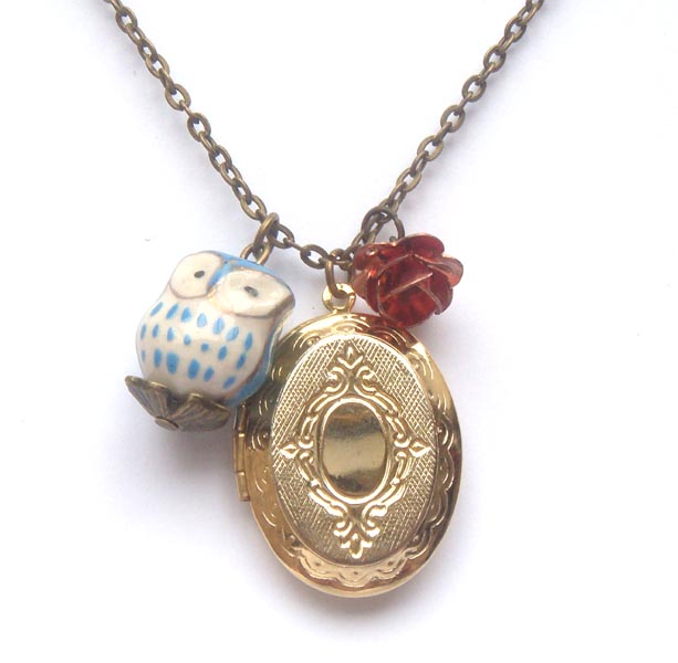 Antiqued Brass Locket Flower Porcelain Owl Necklace