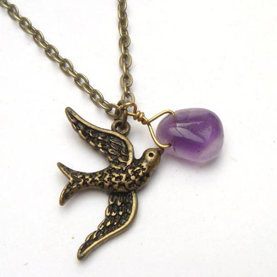 Antiqued Brass Swallow Amethyst Necklace