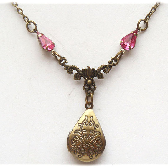 Antiqued Brass Flower Locket Quartz Necklace