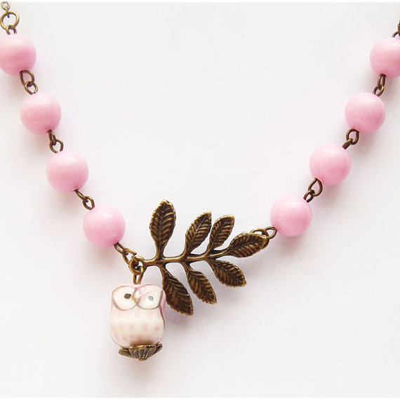 Antiqued Brass Leaf Pink Jade Porcelain Owl Necklace