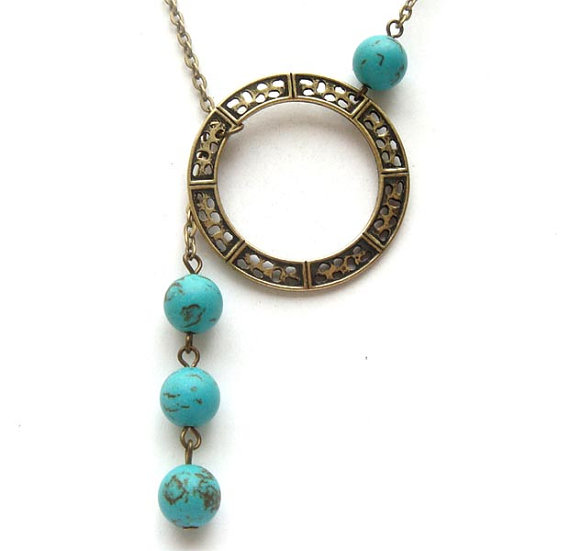 Antiqued Brass Circle Green Turquoise Necklace