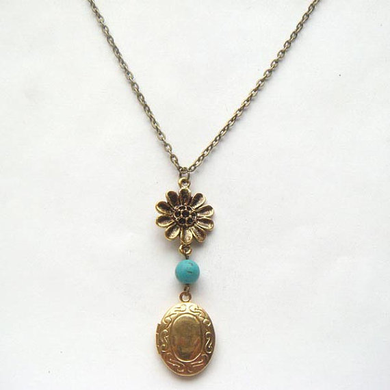 Antiqued Brass Locket Flower Green Turquoise Necklace on Luulla