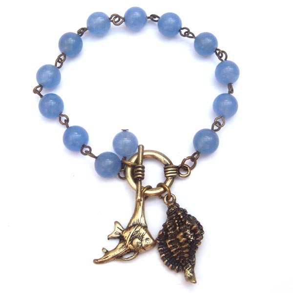Antiqued Brass Fish Conch Blue Jade Bracelet