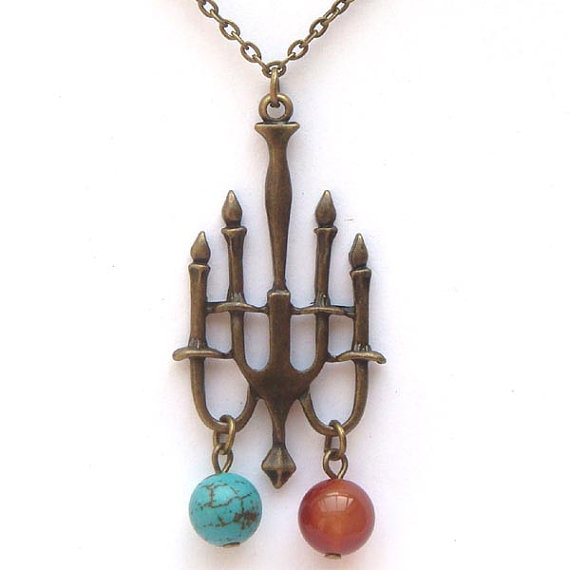 Antiqued Brass Candleholder Turquoise Red Agate Necklace